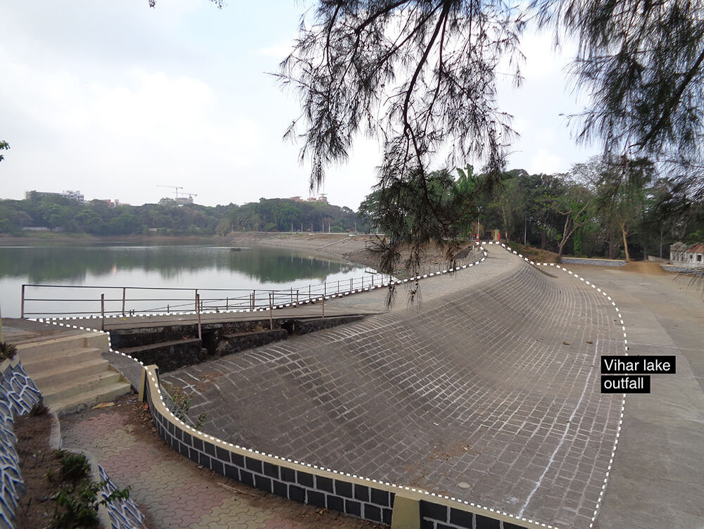 The Vihar Lake outfall (origin of the Mithi river).