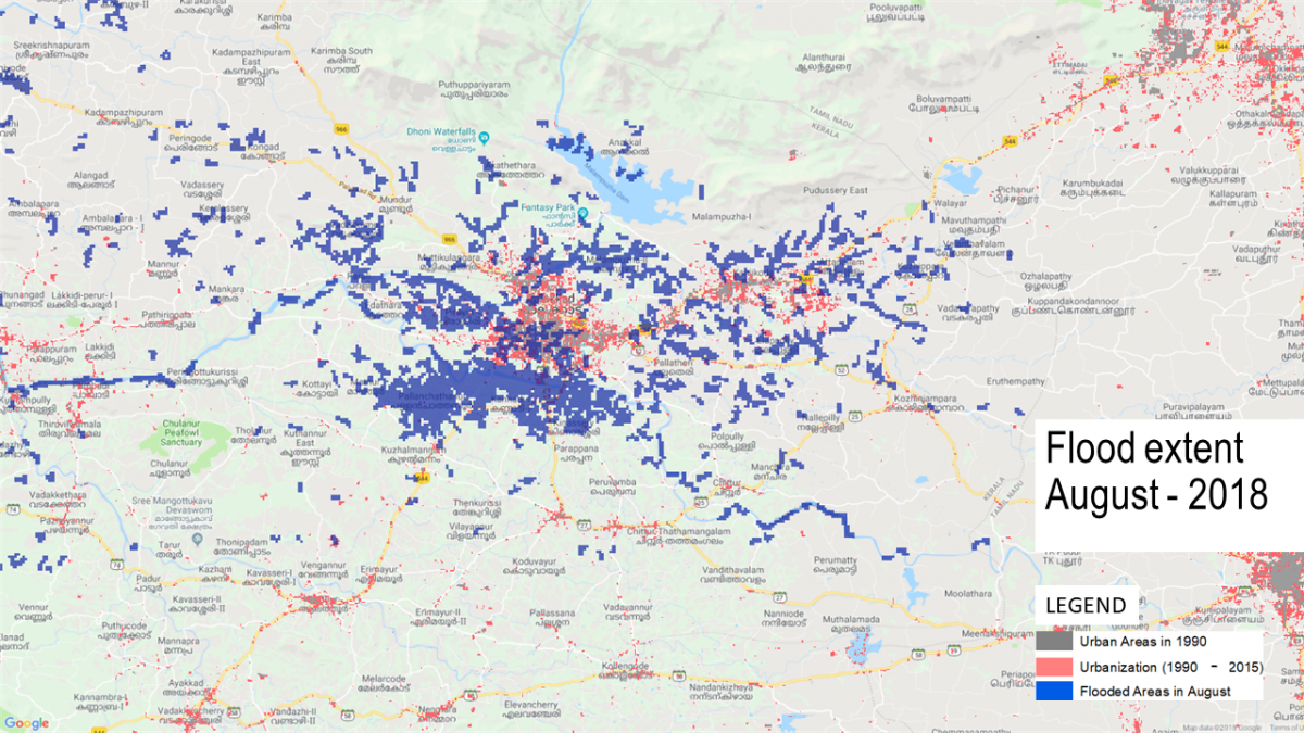 Extent of flooding in Palakkad region, 21 August 2018