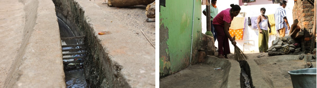 From top clockwise: a&b) Community women maintaining the drain and silt trap
