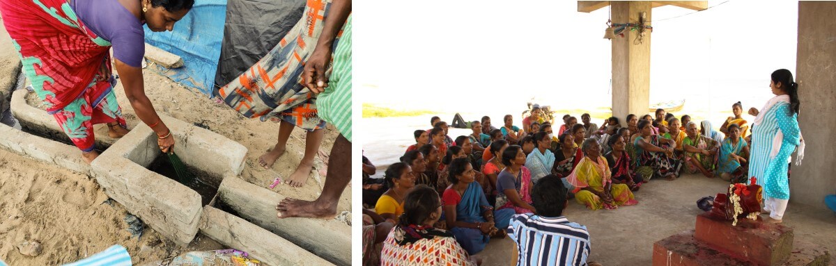 c) Spandan’s meeting with women ambassadors from 19 hamlets; d) Steel jali in drains.