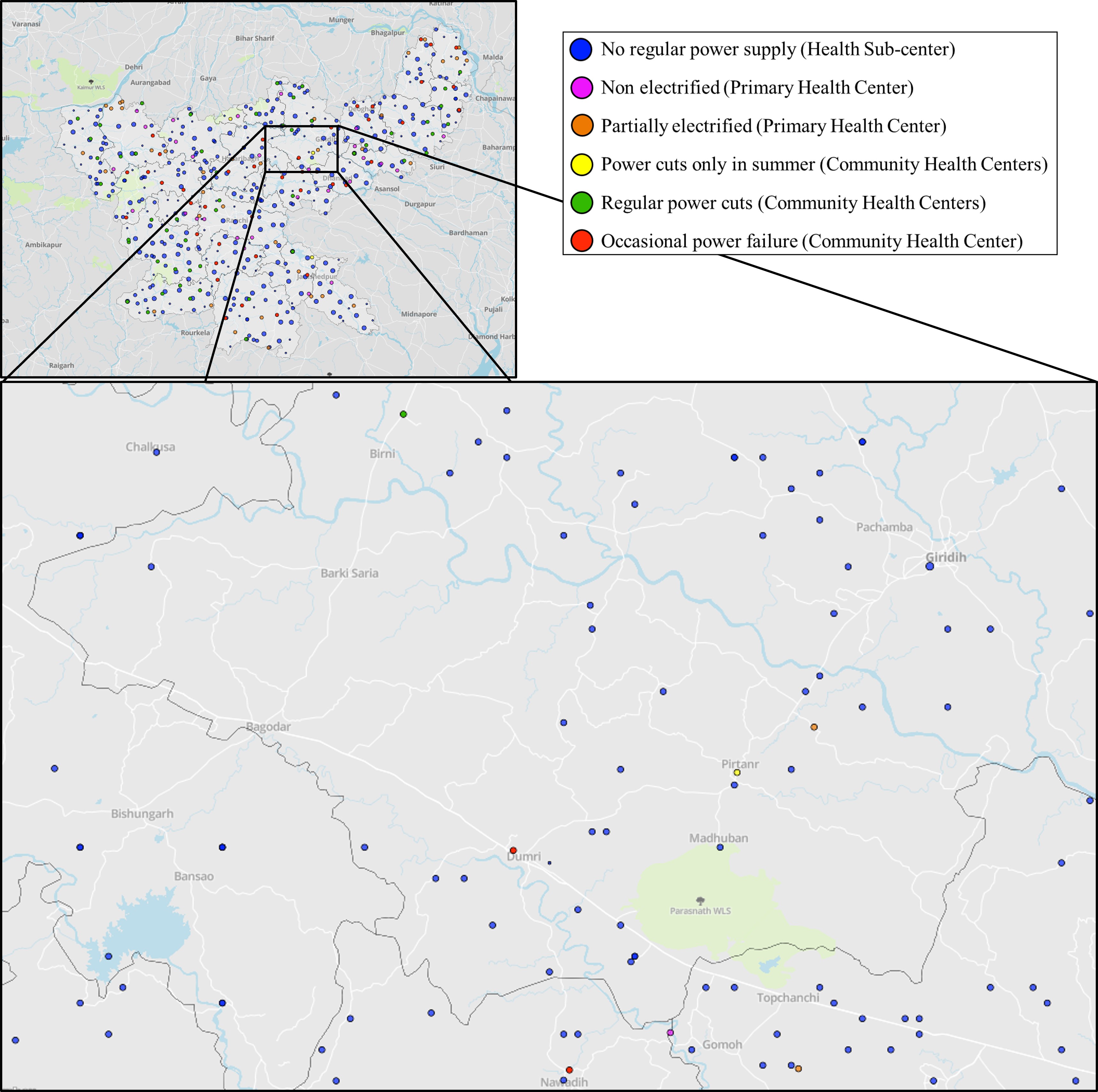 Figure 1: Health facilities which are unelectrified or have irregular power supply across the state.