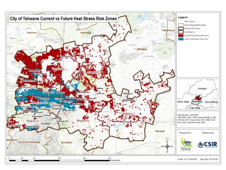 Mapping the spatial distribution of current and projected heat stress risk zones in Tshwane helps the city prioritize interventions. Graphic by City of Tshwane.