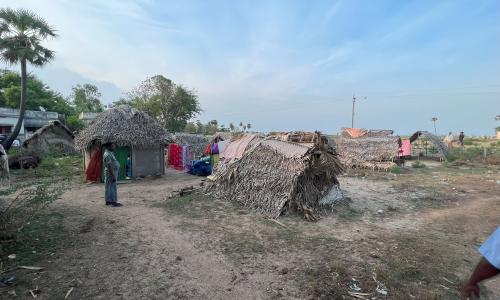A makeshift house in the Irular community, in Killai village, Cuddalore district, Tamil Nadu. Registered as a scheduled tribe, many Irular families lack adequate land rights and live in makeshift huts, exposing them to social and climate risks. Photo by Vishvak Kannan/WRI India.