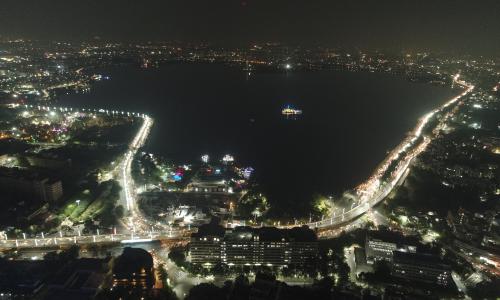 Night view of a vibrant Hussain Sagar Lake, Hyderabad Credit: WRI India