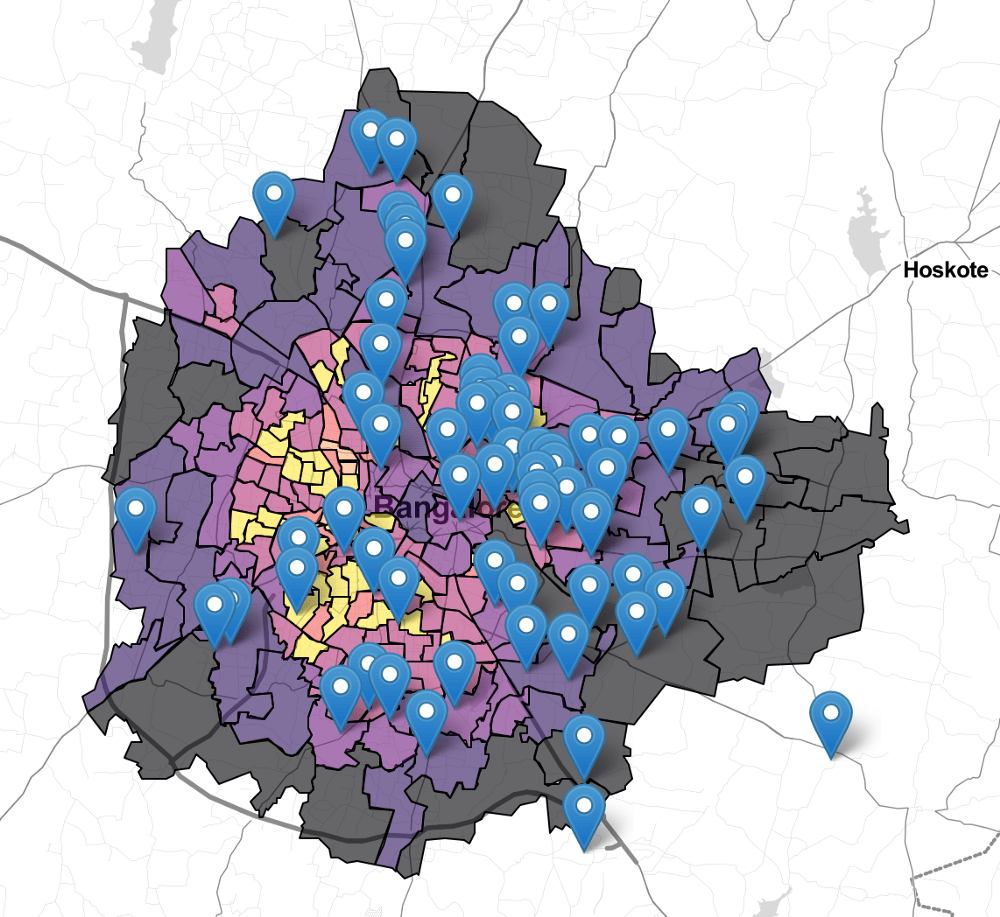 Bengaluru map with areas served by relief riders. Bengaluru map with areas served by relief riders.